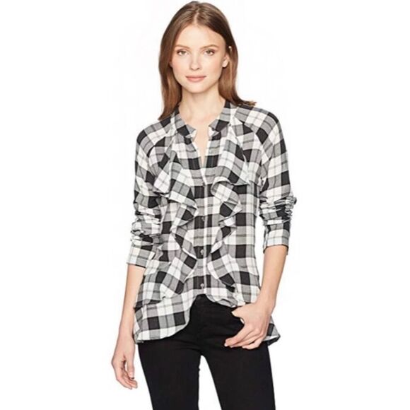 nicole miller artelier black ruffle long sleeve plaid buttonup top blouse small - Picture 1 of 11